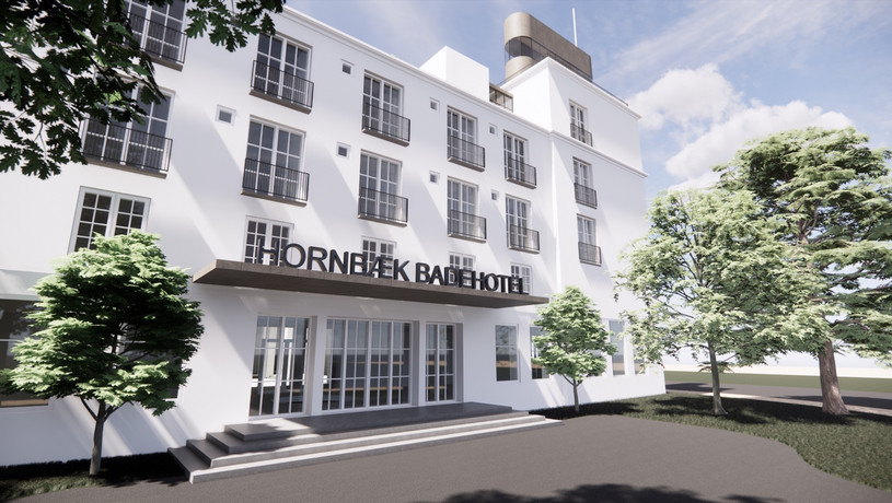 Visualiseringer af arkitekt, Jon Clausen, NVMBR Architects med et bud på hvordan Hornbæk Badehotel kan komme til at se ud.